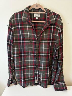 Lucky Brand Olive, Red & Black Plaid Flannel Button-Down Shirt